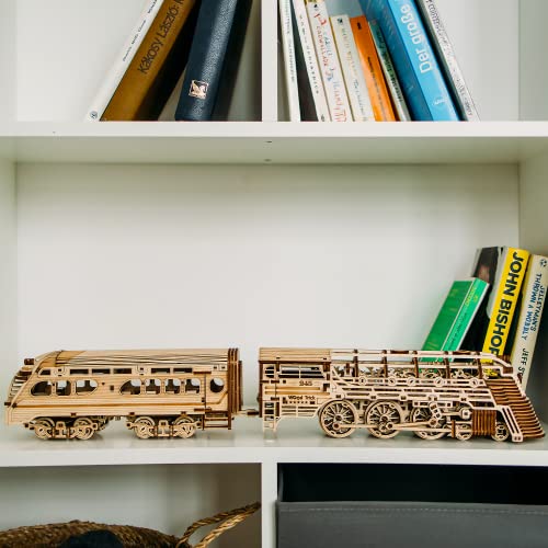 Wood Trick Atlantic Express Train 3D Wooden Puzzles for Adults and Kids to Build - 26.7x4 in - Rides up to 9 ft - Mechanical Locomotive Model Kit for Wood Trick