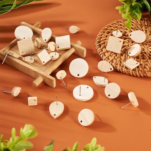 FASHEWELRY 36Pcs Wood Earring Blanks Natural Teardrop Flat Round Wood Stud Earring Findings Rhombus Wheat Color Wooden Earring Posts for Jewelry FASHEWELRY