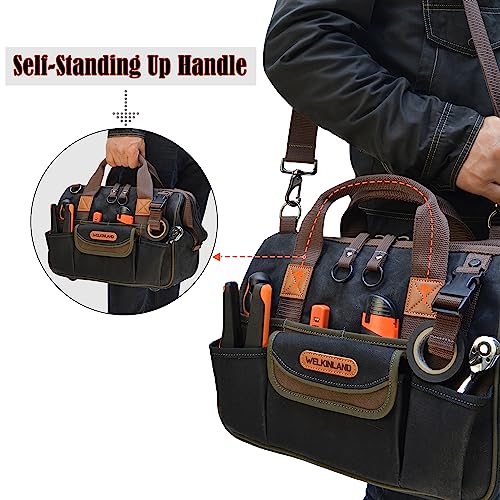 30-Pockets Canvas tool bag, 14-Inch Heavy Duty tool bag, Waxed Canvas tool bags heavy duty, Tool duffel, Lineman tool bag, Electrician tool bag, Tool WELKINLAND