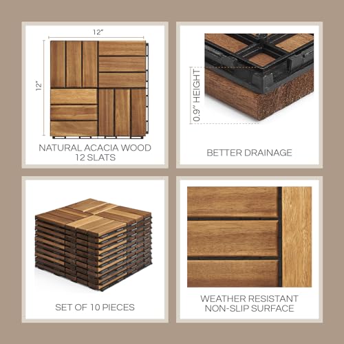 THYOI 10 Pcs Acacia Wood Deck Tiles 12" x 12", Deck Tiles Interlocking Outdoor All Weather, Patio Flooring Waterproof, Wood Patio Tiles for Indoor THYOI