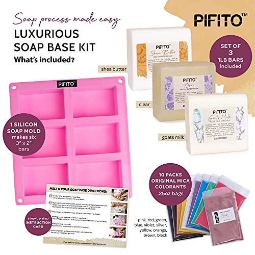 Pifito Soap Making Kit │ DIY Soap Making Supplies - 3 lbs Melt and Pour Soap Base (Goats Milk, Shea Butter, Clear), 10-Pack Mica "Original" Colorants Pifito
