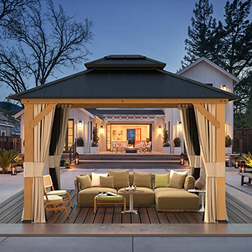 MELLCOM 11' x 13' Hardtop Cedar Wood Gazebo for Patios, Outdoor Cedar Framed Gazebo with Double Metal Roof, Solid Wooden Framed Gazebo with Privacy MELLCOM