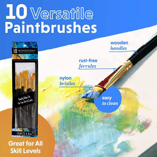 Crafts 4 All Acrylic Paint Brushes - Pack of 10 Professional, Wide and Fine Tip, Nylon Hair Artist Paintbrushes - Paintbrush Bulk Set for Watercolor, Crafts 4 All