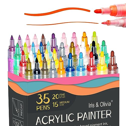 IRIS & OLIVIA 35 Acrylic Paint Pens, Double Premium Set Acrylic Paint Markers of Extra Fine and Medium Tip for Rock Painting, Ceramic, Plastic, IRIS & OLIVIA