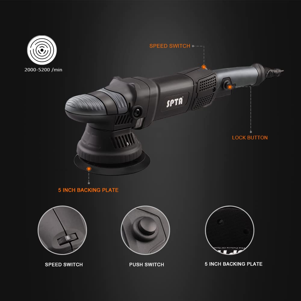 Buffer Polisher, SPTA 5-Inch 125mm Dual Action Random Orbital Car Polisher,Car Detailing Kit, 4Pcs 5inch & 4Pcs 6Inch Polishing Pad,Packing Bag for SPTA