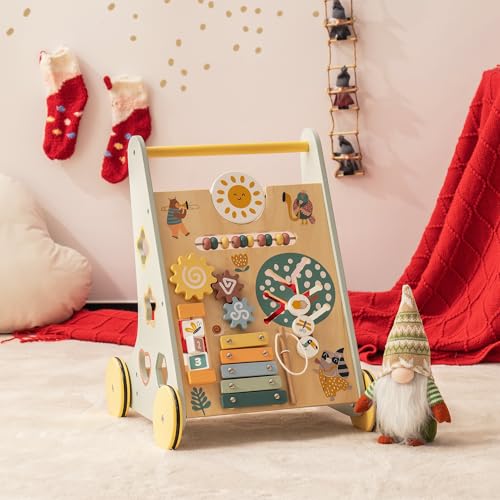 ROBOTIME Wooden Baby Walker, Wooden Push Walker with Wheels, Push Toys for Babies Learning to Walk, Baby Walkers Activity Center for Boys and Girls ROBOTIME