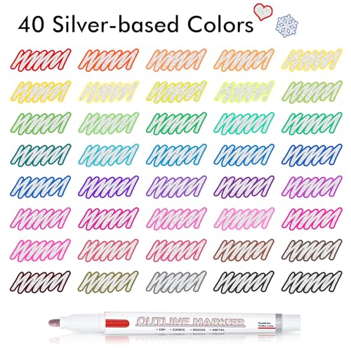 Shuttle Art Double Line Outline Markers, 40 Colors Squiggles Shimmer Markers Set, Self Outline Metallic Marker Pens for Art, Drawing, Doodling, Card Shuttle Art