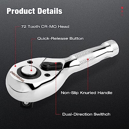 WORKPRO 3-Piece Stubby Ratchet Set, Quick Release Reversible, 1/4", 3/8", 1/2" Drive Mini Ratchet Handle, Small Ratchet Set, Chrome Alloy Made, CR-MO WORKPRO
