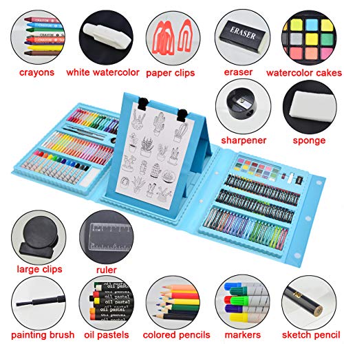 Sunnyglade 185 Pieces Double Sided Trifold Easel Art Set, Drawing Art Box with Oil Pastels, Crayons, Colored Pencils, Markers, Paint Brush, Sunnyglade