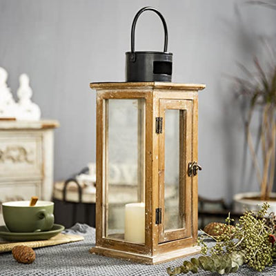 Sintosin Solid Wooden Outdoor Lanterns Decorative 15", Wedding Hurricane Lantern for Table Centerpiece Front Porch Fireplace Decorations Pillar
