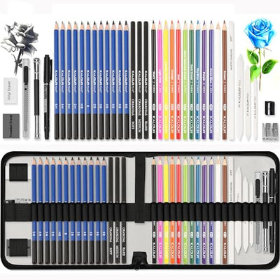 KALOUR Sketching Coloring Art Set - 38 Pieces Drawing Kit with Sketch Pencils,Colored Pencils,Charcoal,Marker,Eraser -Portable Zippered Travel Case -