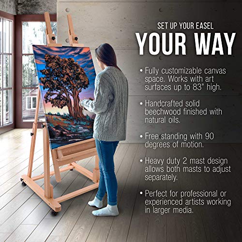 U.S. Art Supply Extra Large Double Mast Wooden H-Frame Studio Floor Easel with Artist Storage Tray - Adjustable, Tilts Flat, Premium Beechwood Canvas US Art Supply