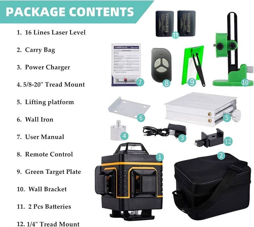 16 Lines 4D Laser Level Self-Leveling 4x360 Horizontal & Vertical Cross line Rechargeable line Laser Green Beam Magnetic Lifting Base for Indoor YSJOMJHYS