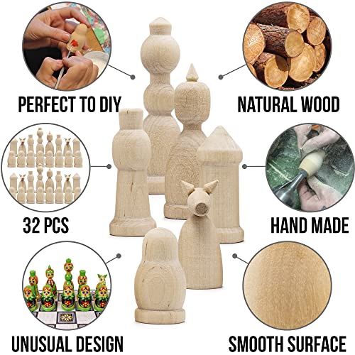 Unfinished Wood Chess Pieces Only Set of 32 pcs - Paint Your Own Chess Set - Blank Chess Sets for DIY- Wooden Peg Dolls Unfinished for Arts and AEVVV