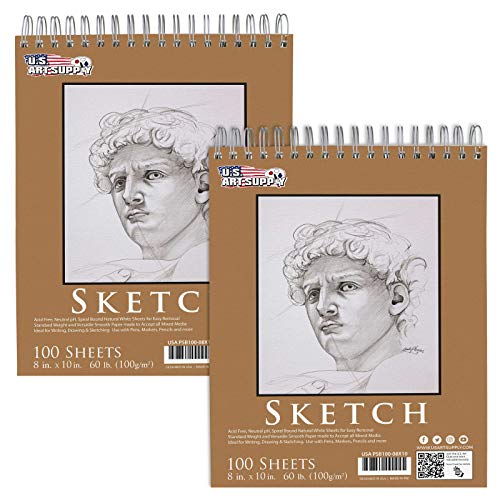 U.S. Art Supply 8" x 10" Top Spiral Bound Sketch Book Pad, Pack of 2, 100 Sheets Each, 60lb (100gsm) - Artist Sketching Drawing Pad, Acid-Free - U.S. Art Supply