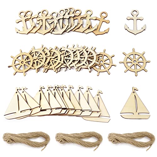 yueton 36PCS 3 Styles Nautical Themed Unfinished Wood Cutouts Wood Slices Wood Chips, Sailboat Rudder Anchor Wooden Cutouts, Wooden Hanging yueton