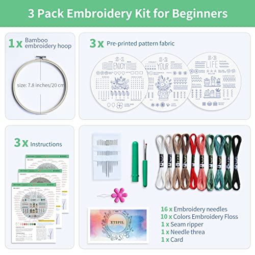 ETSPIL 3 Sets Embroidery kit for Beginners Adults,Learn 33 Different Stitches DIY Kits ,Includes Stamped Flower Pattern, Hoop, Color ETSPIL