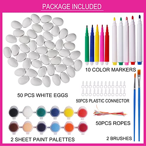Max Fun 50 Pcs White Blank Easter Eggs Ornaments Bulk Decoration for Craft Hanging Plastic Artificial Eggs with Rope DIY Painting Decorating Basket Max Fun