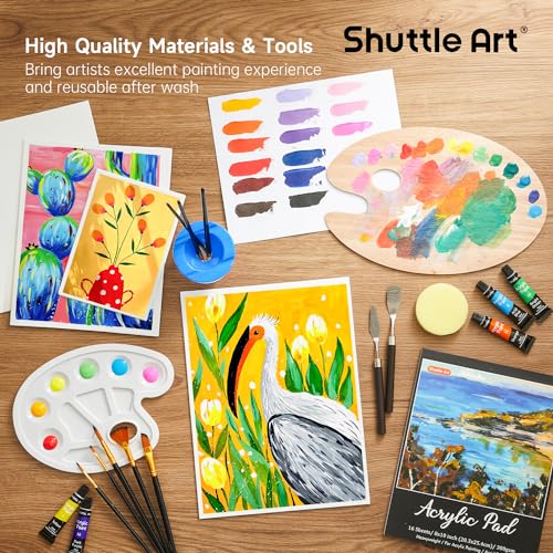 65 Pack Acrylic Paint Set, Shuttle Art Acrylic Painting Set with Wooden Easel, 30 Colors Acrylic Paint, Painting Canvas, Paint Brushes, Palettes, Art Shuttle Art