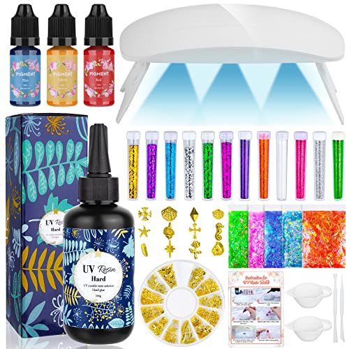 UV Resin Kit with Light, 200g Ultraviolet Fast Curing UV Epoxy Resin Set with UV Light Crystal Hard Type Resin Glue Jewelry Making Supplies Starter Cruzix