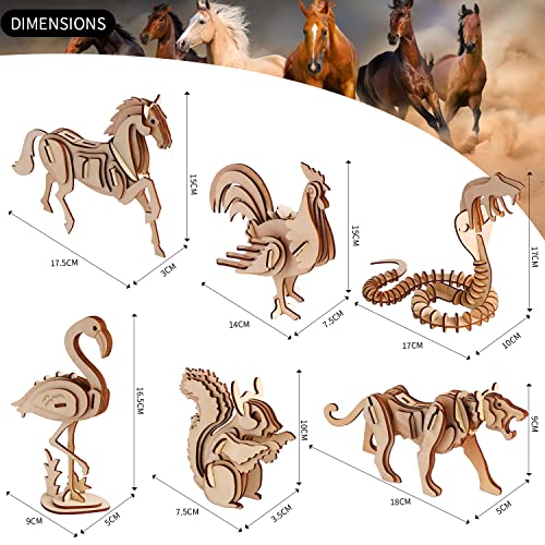calary 3D Wooden Puzzle Simulation Animal Dinosaur Assembly DIY Model Toy for Kids and Adults,Set of 6 calary