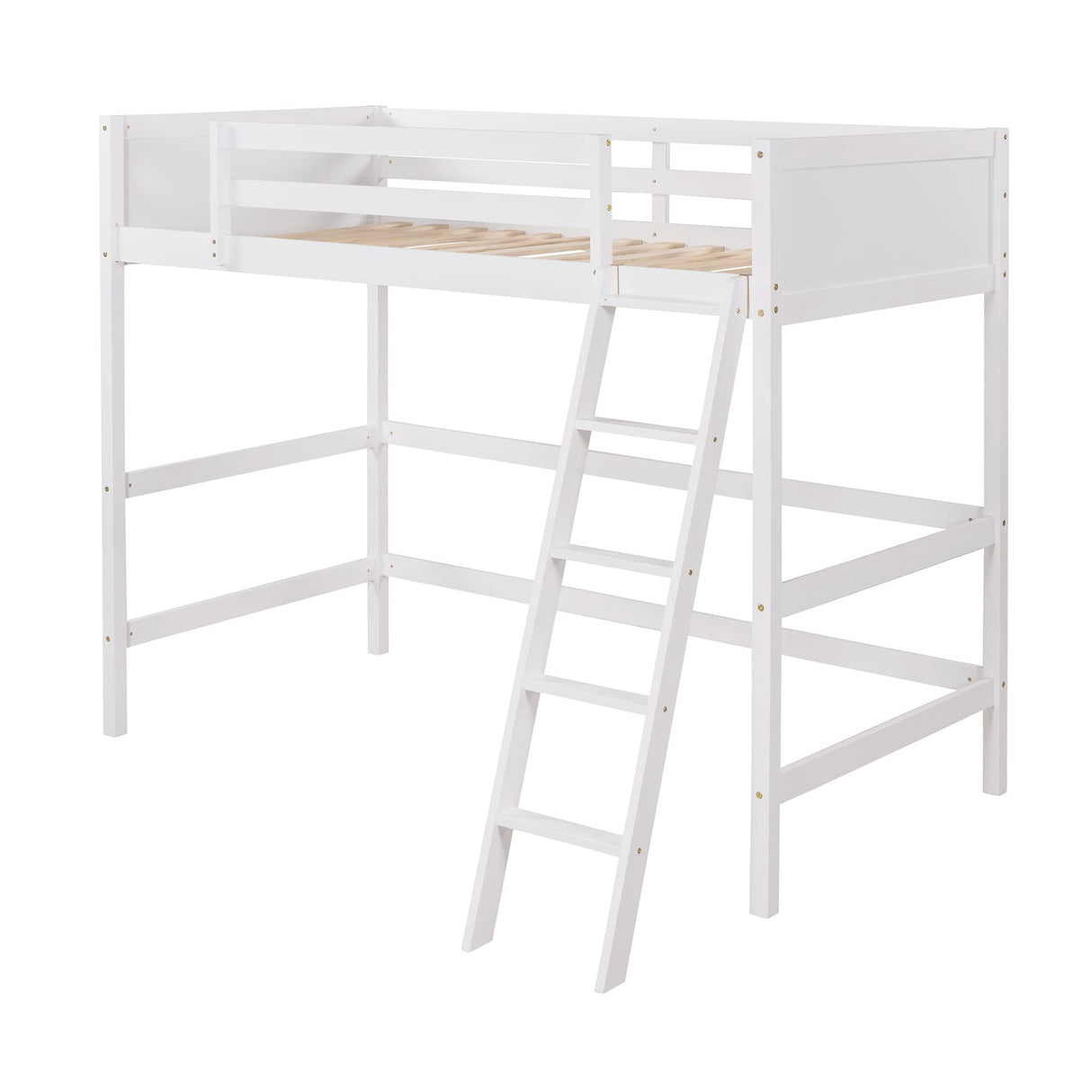 SOFTSEA Twin Size Wooden Loft Bed with Ladder and Guardrails - Space-Saving Design in White SOFTSEA