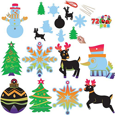 JOYIN Rainbow Color Scratch Christmas Ornaments, 72 Pack Craft Kit Toys Include Snowman, Snowflakes, Christmas Tree, and Reindeer