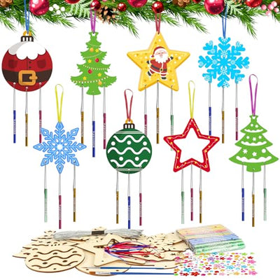 Fennoral 12 Pack Christmas Wind Chime Kit for Kids Make You Own Christmas Wind Chimes DIY Coloring Wooden Christmas Craft for Girls Boys Christmas