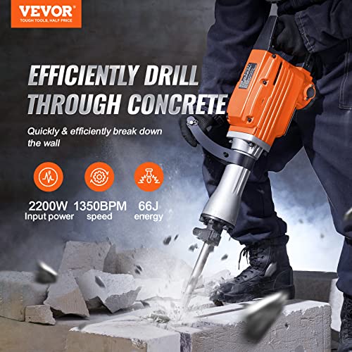 VEVOR Demolition Jack Hammer, MAX 2200W Electric Jackhammer Heavy Duty, 1350 BPM Concrete Breaker 4pcs Chisels Bit Chipping W/Case, Gloves VEVOR