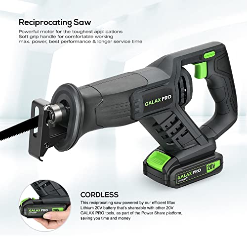 GALAX PRO Reciprocating Saw, Cordless Reciprocating Saw with battery, 0-3000RPM, 20V 2.0Ah Cordless Saw, 3pcs 6-inch Wood Saw Blade & 2pcs 6-inch GALAX PRO