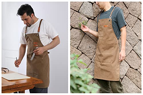 Kvimvty Canvas Cross Back Heavy Duty Work Tool Apron, Carpenter Apron, Woodworking Apron with Large Pockets Durable Waterproof Adjustable Chef Apron Kvimvty