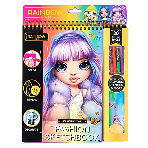 Horizon Group USA Rainbow High Scratch ‘n Style Fashion Sketchbook, Scratch Art, Coloring Book, Includes Stencils, Crayons, Scratch Art Stickers & Horizon Group USA