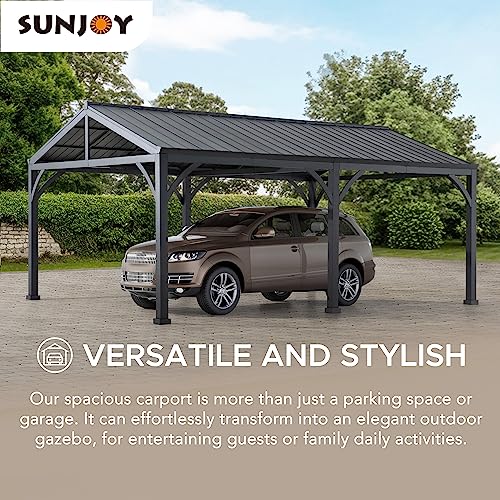 Sunjoy Carport 14 ft. x 20 ft. Outdoor Gazebo Heavy Duty Garage Car Shelter with Brown Powder-Coated Steel Roof/Black Frame and 2 Ceiling Hooks by Sunjoy