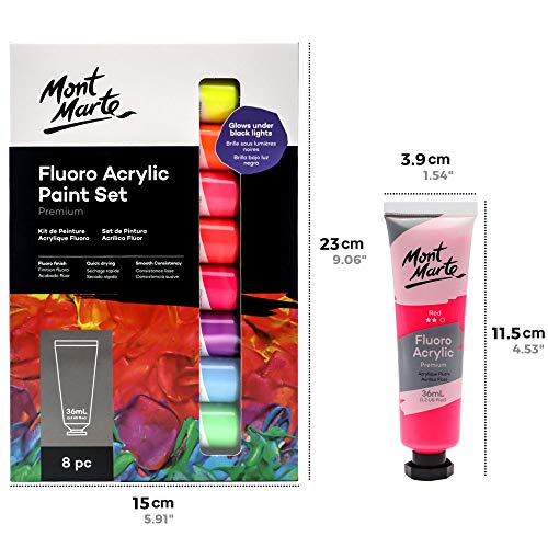 Mont Marte Fluoro Acrylic Paint Set, 8 x 1.02oz (36ml) Tubes, 8 Colors, Suitable for Most Surfaces Including Canvas, Card, Paper and Wood MONT MARTE