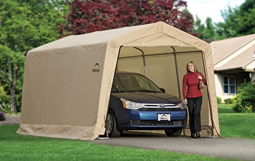 ShelterLogic 10' x 15' x 8' Peak Style Roof Instant Garage Carport Car Canopy with Steel Frame and Waterproof UV-Treated Cover, Sandstone ShelterLogic