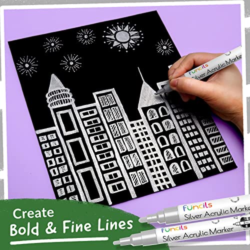 Funcils 5 Acrylic Silver Paint Pen - Silver Marker Metallic Paint Pens for Fabric, Wood, Canvas, Leaf, Metal, Glass - Silver Paint Pen Fine Tip, Thin Funcils