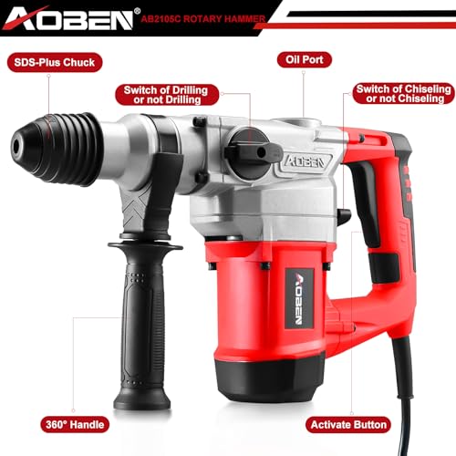 AOBEN 1-1/4 Inch SDS-Plus Rotary Hammer Drill with Vibration Control and Safety Clutch,10 Amp Heavy Duty Demolition Hammer for Concrete-Including 3 AOBEN