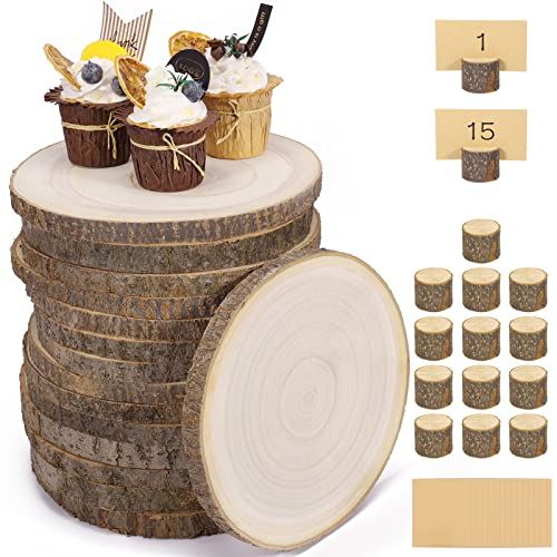 Pllieay 8 PCS 10-11 Inch Large Wood Slices, Wooden Cake Stand with 8 PCS  Cards and 8 PCS Wood Table Number Card Holders for Table Centerpiece, Wood