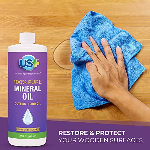 US+ 32oz 100% Pure Mineral Oil - Cutting Board Oil - Food-Grade - USP - Restores & Protects Cutting Boards, Butcher Blocks, Countertops, Steel US+
