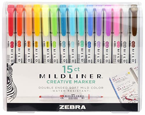 Zebra Pen Mildliner Double Ended Highlighter Set, Broad and Fine Point Tips, Assorted Ink Colors, 15-Pack Zebra Pen