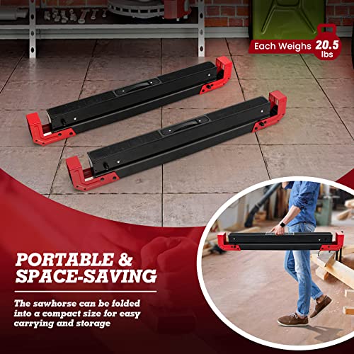 Goplus Saw Horses 2 Pack Folding, Heavy Duty Steel Sawhorse w/24”-32.5” Adjustable Height, 2x4 Supporting Arms, 2600LBS Capacity, Support Pegs, Goplus