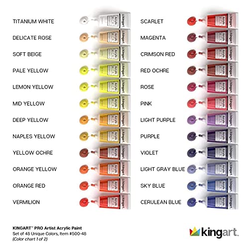KINGART 500-48 PRO Artist Quality 48 Pc. Acrylic Paint Set, 22ml (0.74oz) Tubes, Set of 48 Unique, Highly Pigmented Colors KINGART