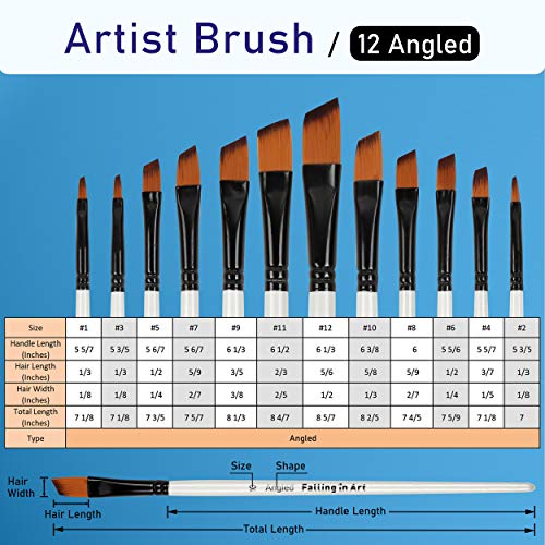 Falling in Art Paint Brushes Set, 12 PCS Nylon Professional Angled Paint Brushes for Watercolor, Oil Painting, Acrylic, Face Body Nail Art, Crafts, Falling in Art