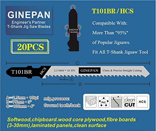 Jigsaw Blades T Shank 20PCS T101BR with Case, Compatible with Bosch Dewalt Black and Decker Jig Saw Blades Set for Wood, 4 in. 10 TPI Fast & Accurate GINEPAN