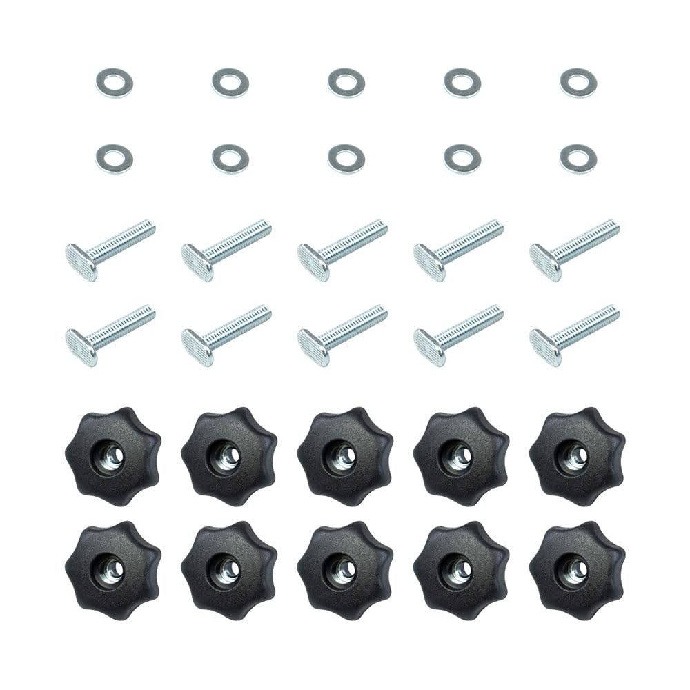 POWERTEC 71481 T Track Knob Kit w/ 7 Star Knob, 1/4-20 Threaded Bolts and Washers, 10 Pack, T Track Bolts, T Track Accessories for Woodworking Jigs POWERTEC