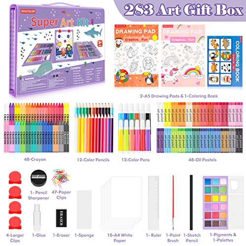 Soucolor Art Supplies, 283 Pieces Drawing Set Art Kits with Trifold Easel, 2 Drawing Pads, 1 Coloring Book, Crayons, Pastels, Arts and Crafts Gifts Soucolor