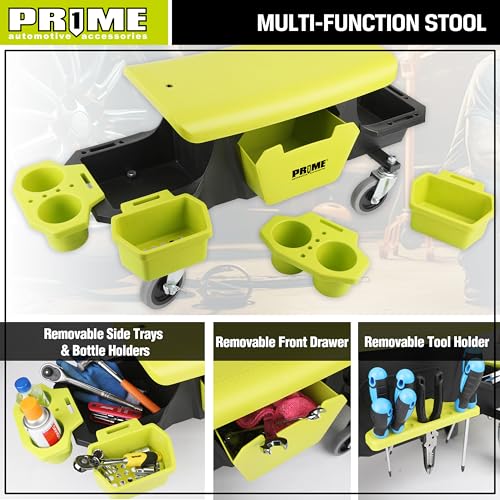 PR1ME Rolling Detailing Creeper Seat, Roller Mechanic Detailing Utility Seat, Rolling Mechanic Stool with Wheels, Removable Tool Trays Drawer, 300 Prime 1