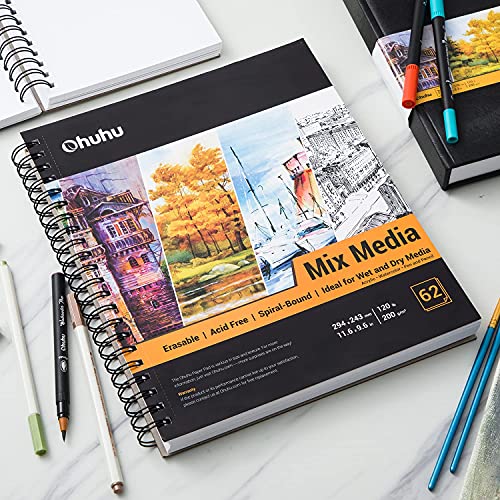 Ohuhu Mixed Media Paper Pad: 11.6"x9.6" Mix Media Sketchbooks, 120 LB/200 GSM Heavyweight Papers, 62 Sheets/124 Pages, Spiral Bound Mixed Media Art Ohuhu