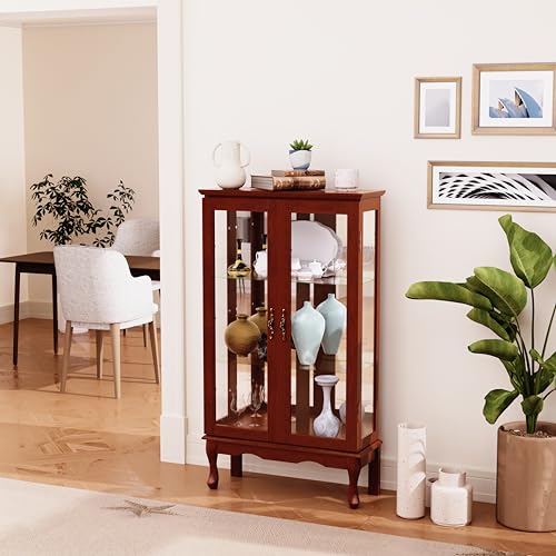 Dolonm Curio Cabinet with Tempered Glass Doors, Curio Cabinets with Mirrored Back Panel and Adjustable Shelves, Lighted Display Cabinet for Home, Dolonm