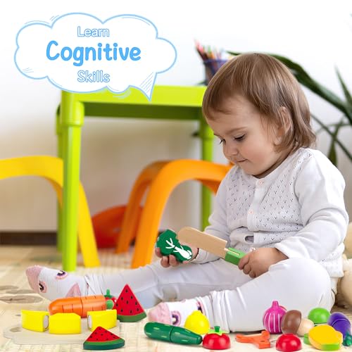 Wooden Play Food Sets for Kids Kitchen Cutting Fruits Vegetables and Meat Pretend Play Toddler Toys Food Montessori Toys Gift for Boys and Girls GOPLACS